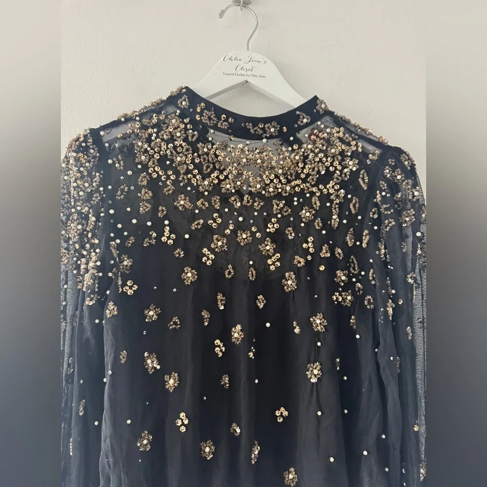 FARM RIO Mock Neck Sheer Embroidered Blouse